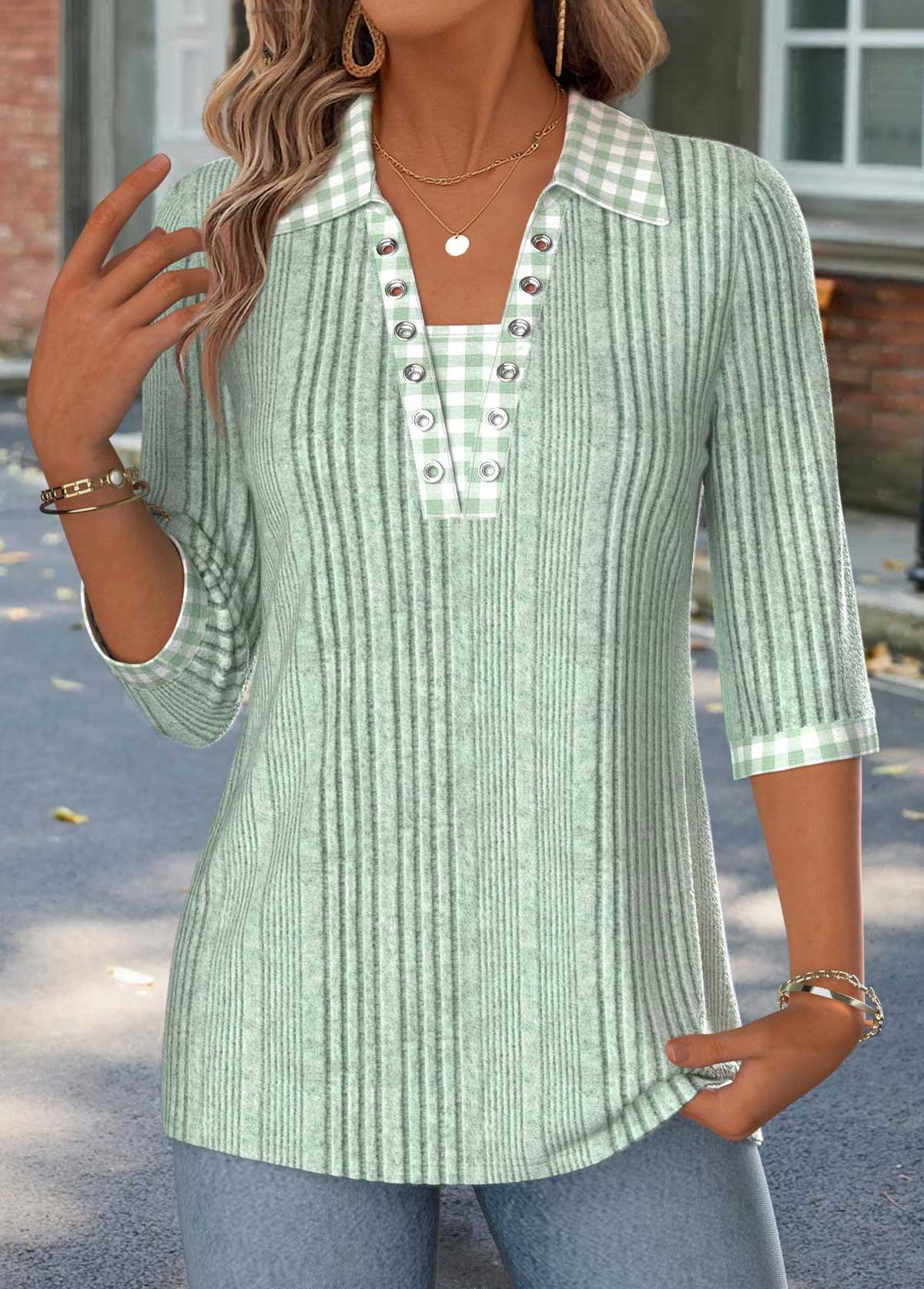 Sage Green Gingham Print 3/4 Sleeve T Shirt | picture 