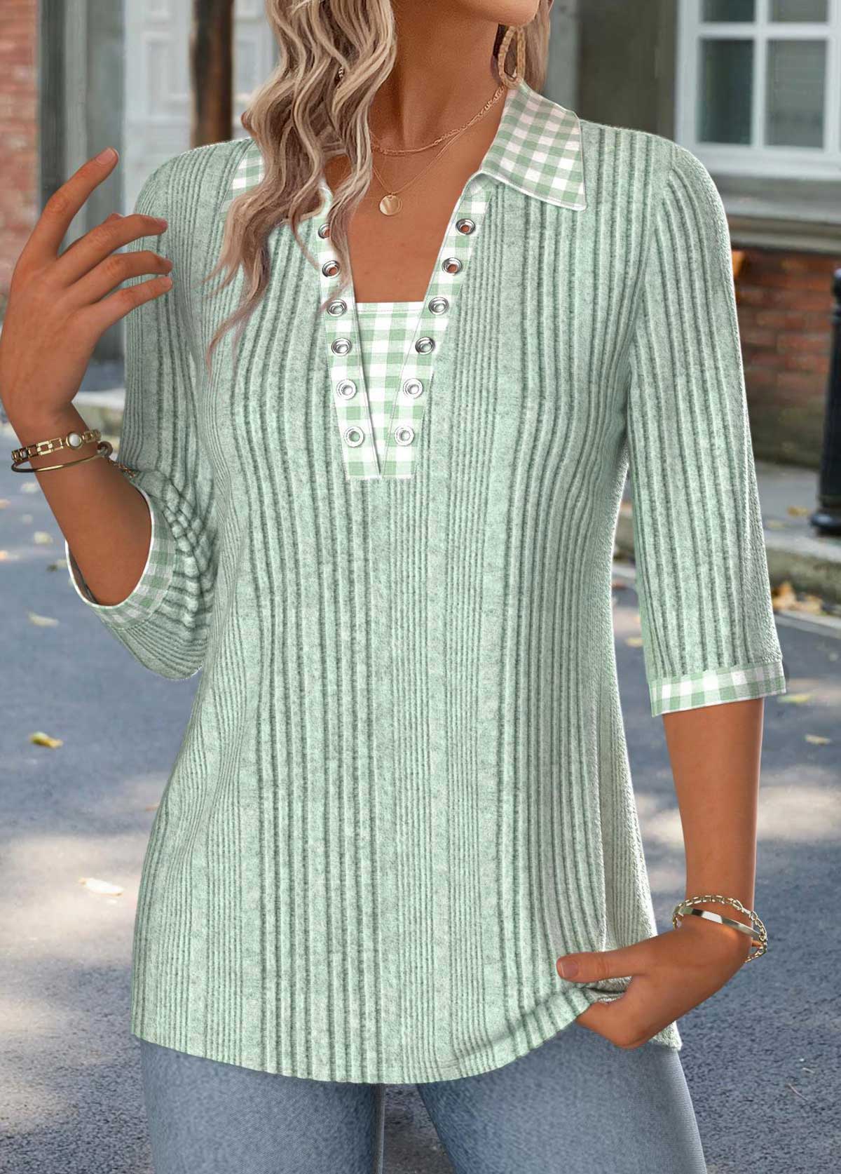 Sage Green Gingham Print 3/4 Sleeve T Shirt | picture 