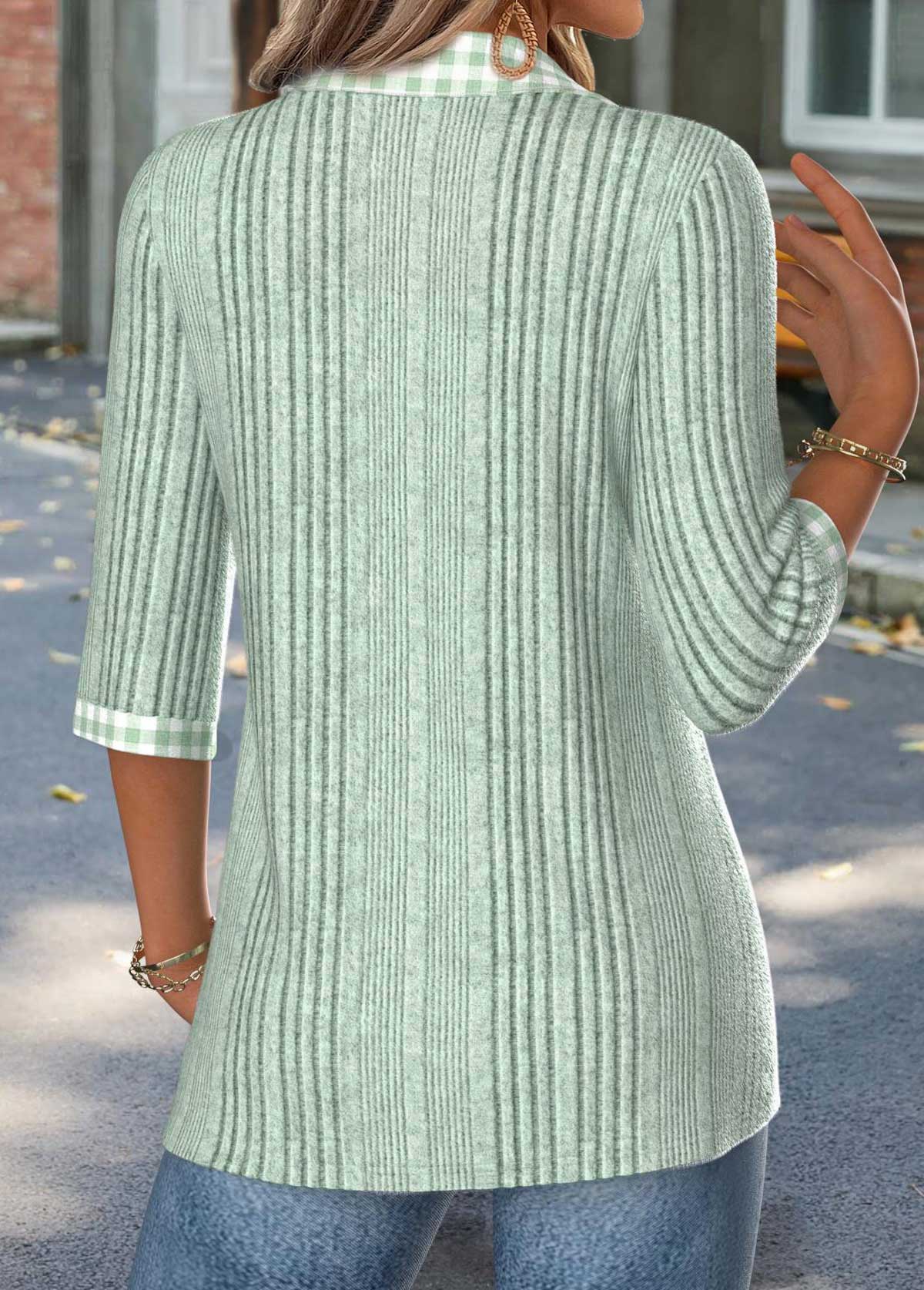 Sage Green Gingham Print 3/4 Sleeve T Shirt | picture 