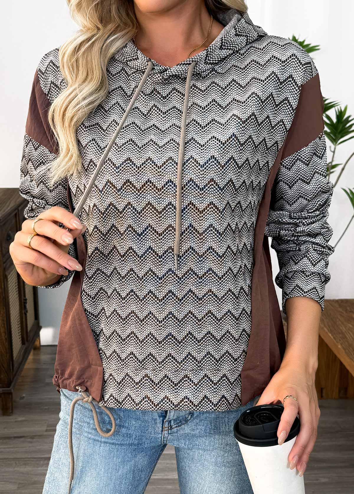 Dark Coffee Tummy Coverage Chevron Print Long Sleeve Hoodie | picture 