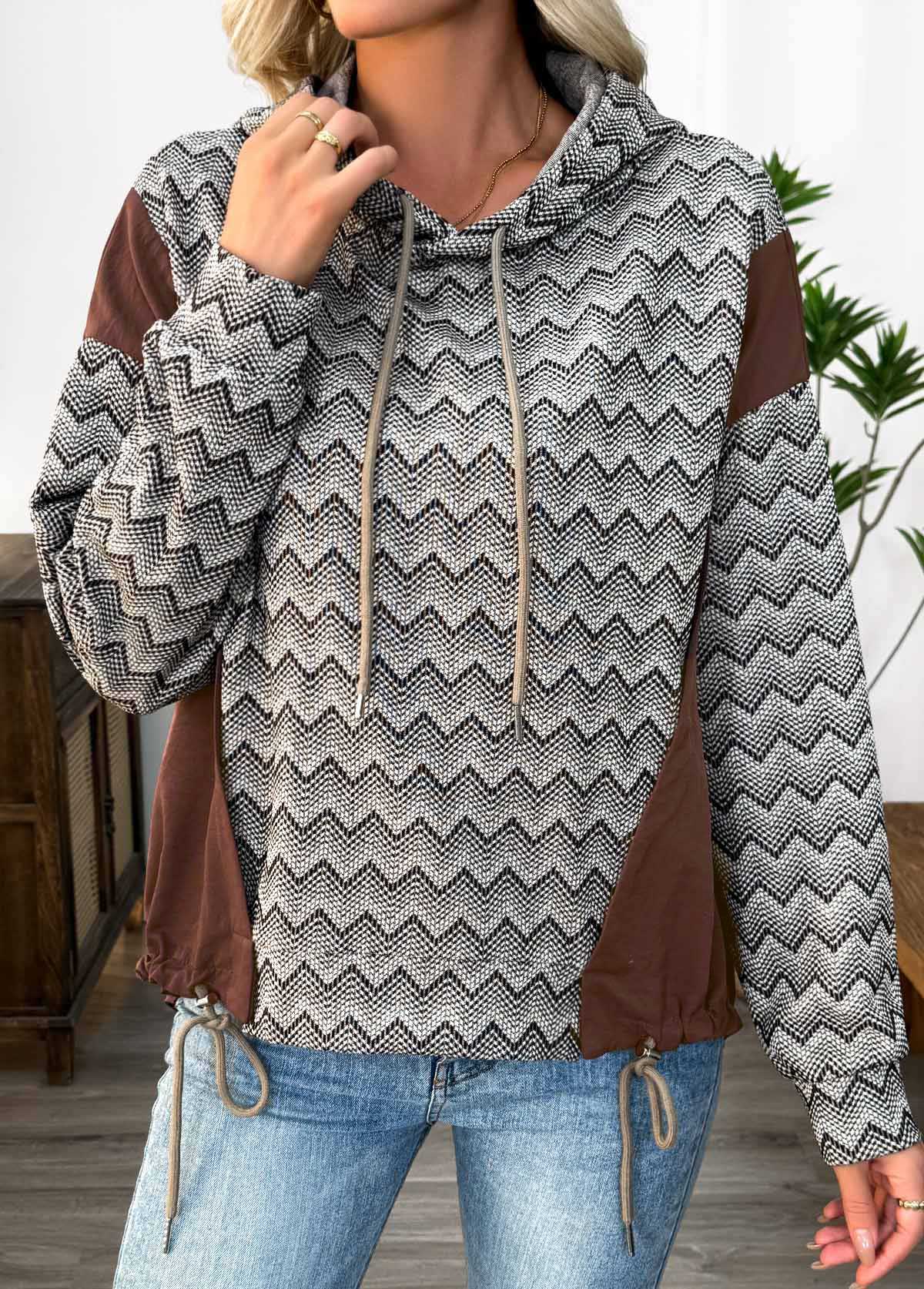Dark Coffee Tummy Coverage Chevron Print Long Sleeve Hoodie | picture 
