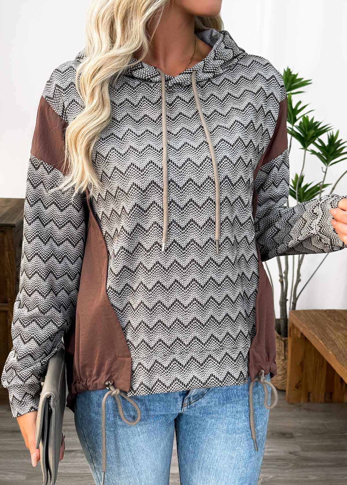 Dark Coffee Tummy Coverage Chevron Print Long Sleeve Hoodie | picture 