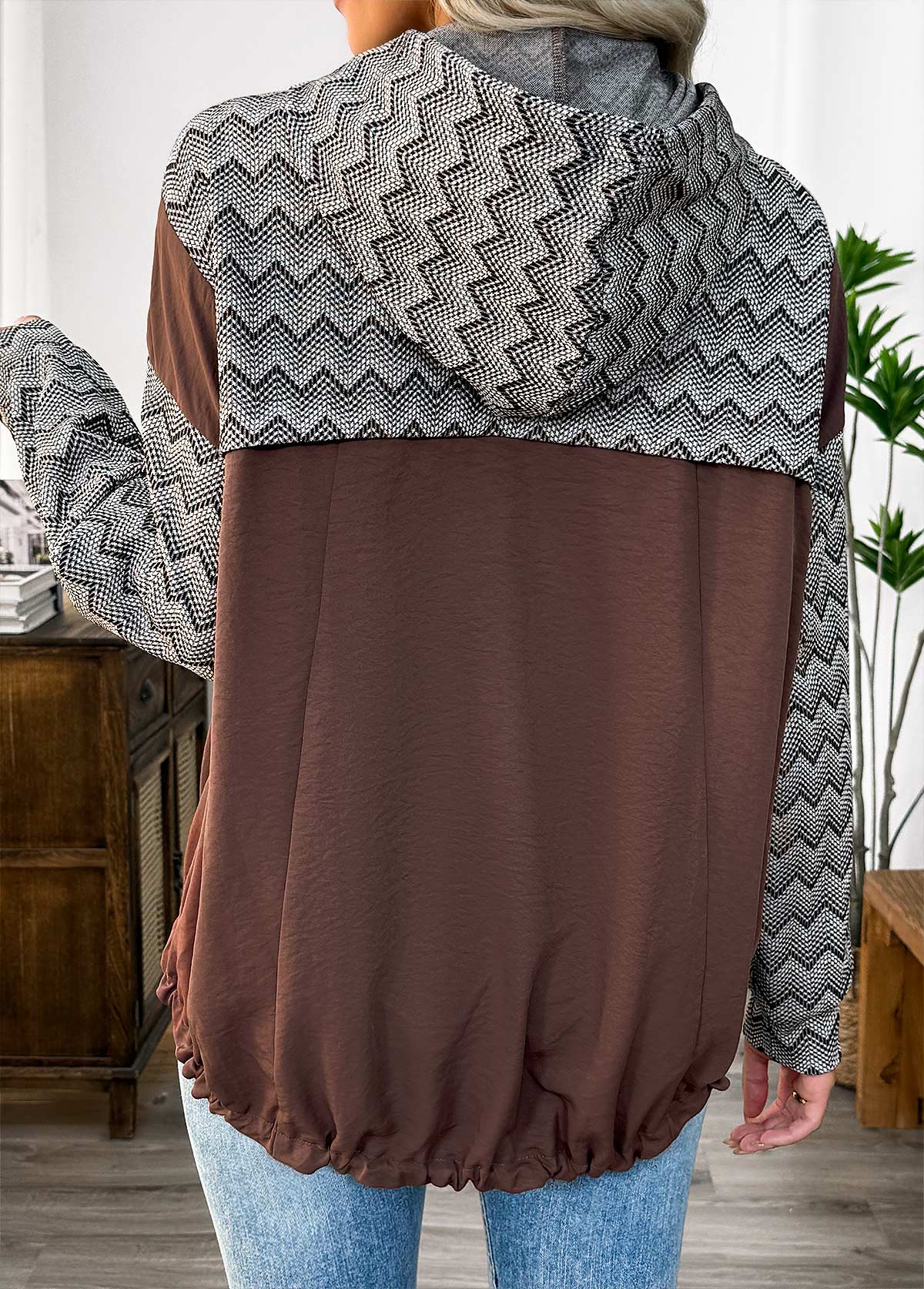 Dark Coffee Tummy Coverage Chevron Print Long Sleeve Hoodie | picture 