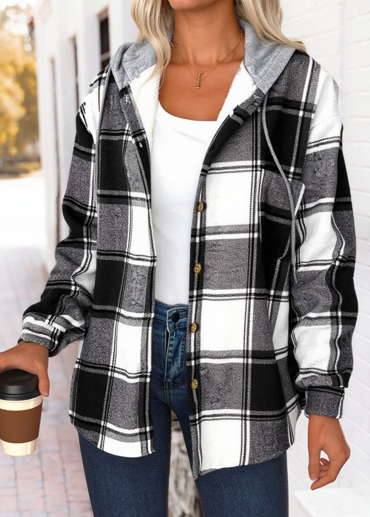 Black Tummy Coverage Plaid Long Sleeve Hooded Track Jacket | picture 