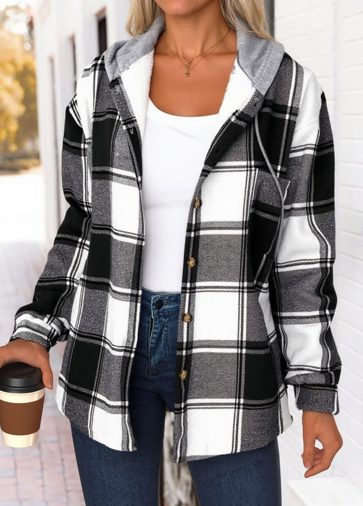 Black Tummy Coverage Plaid Long Sleeve Hooded Track Jacket | picture 