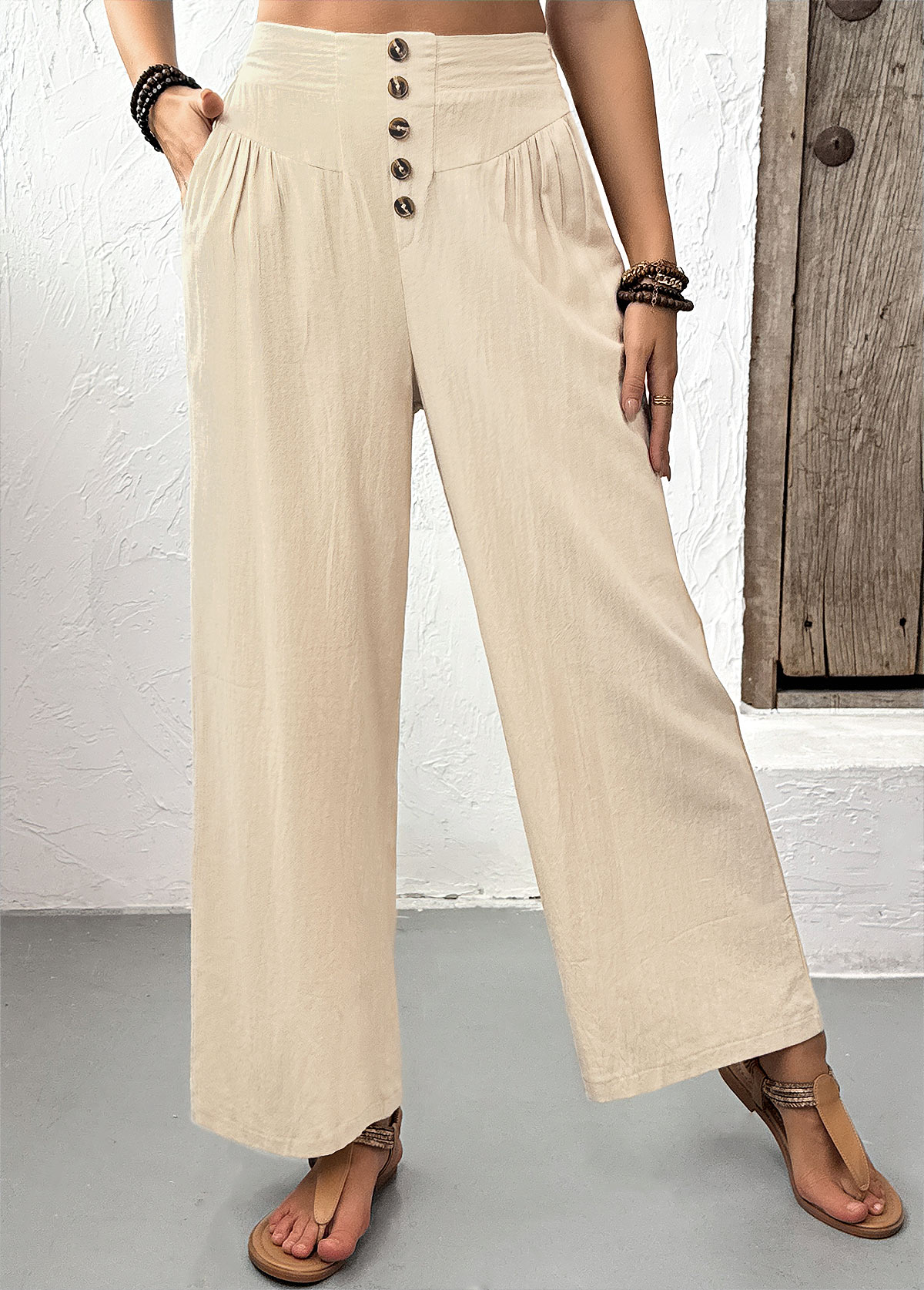 Light Camel Straight Leg Elastic Waist High Waisted Pants | picture 