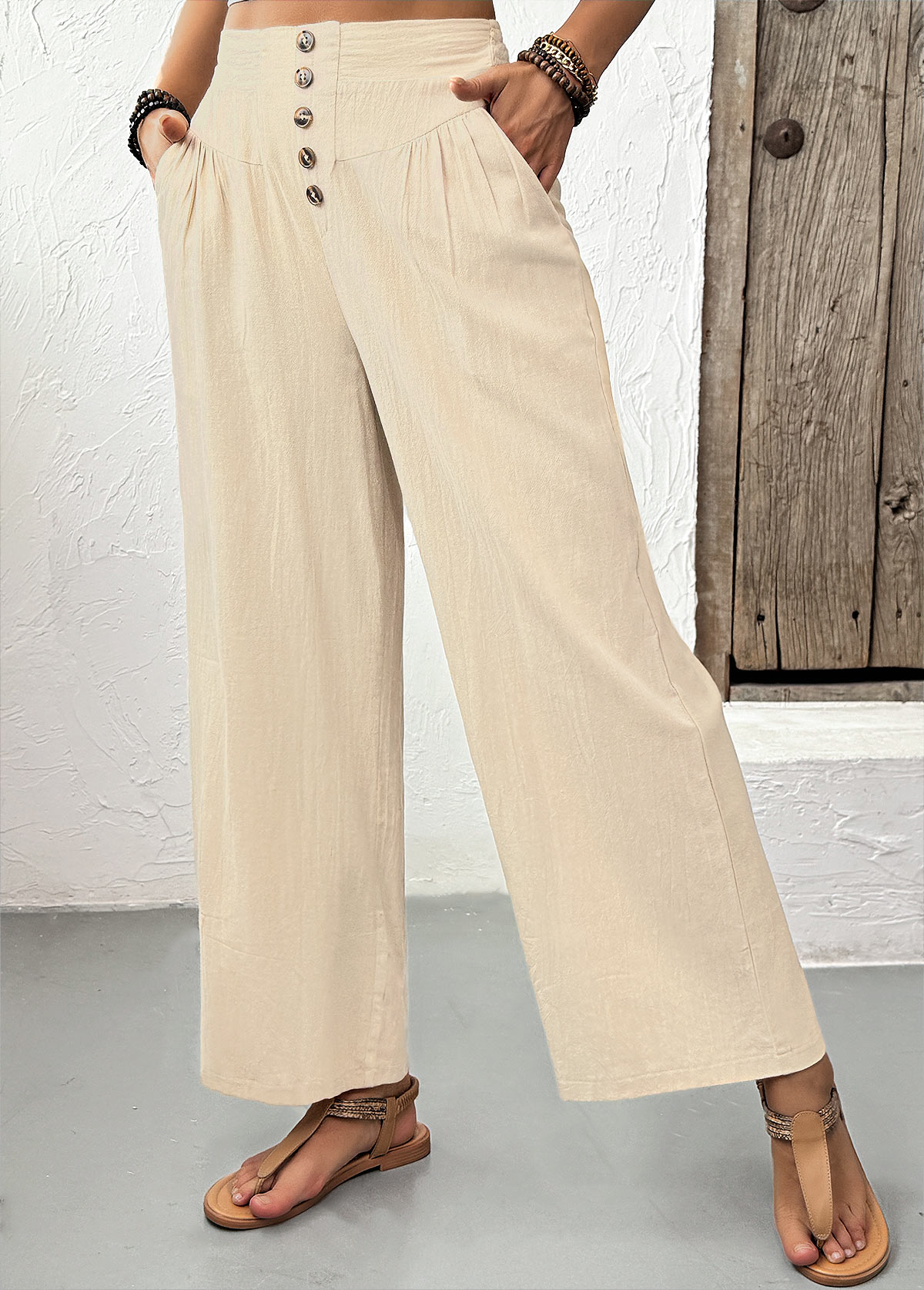 Light Camel Straight Leg Elastic Waist High Waisted Pants | picture 