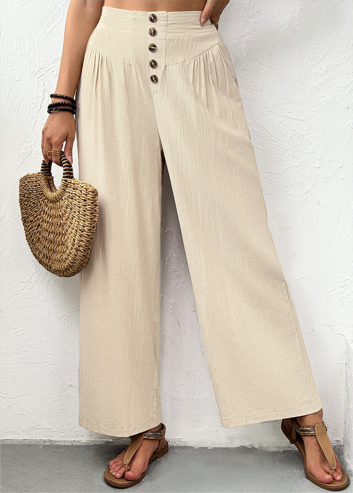 Light Camel Straight Leg Elastic Waist High Waisted Pants | picture 
