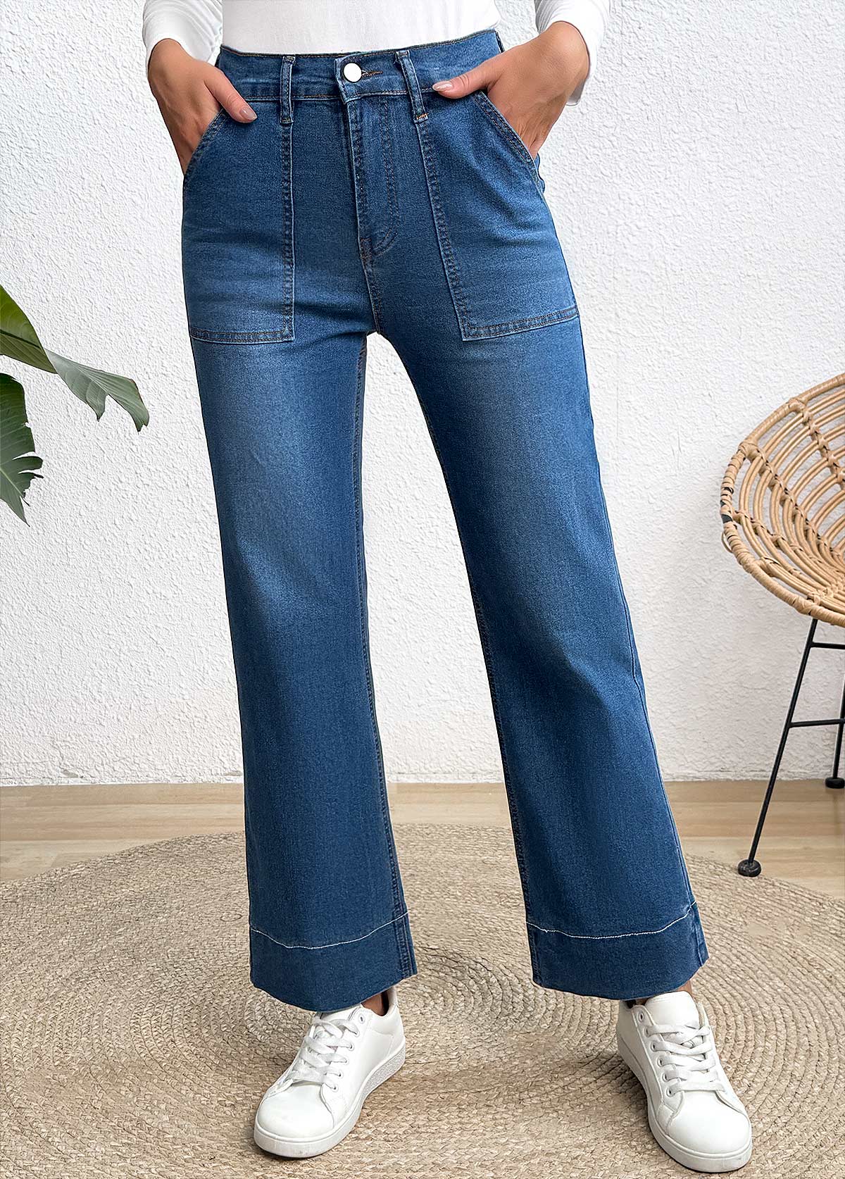 Denim Blue Pocket Wide Leg Button Fly Jeans | picture 