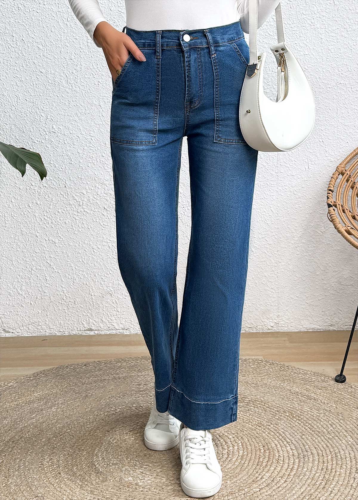 Denim Blue Pocket Wide Leg Button Fly Jeans | picture 