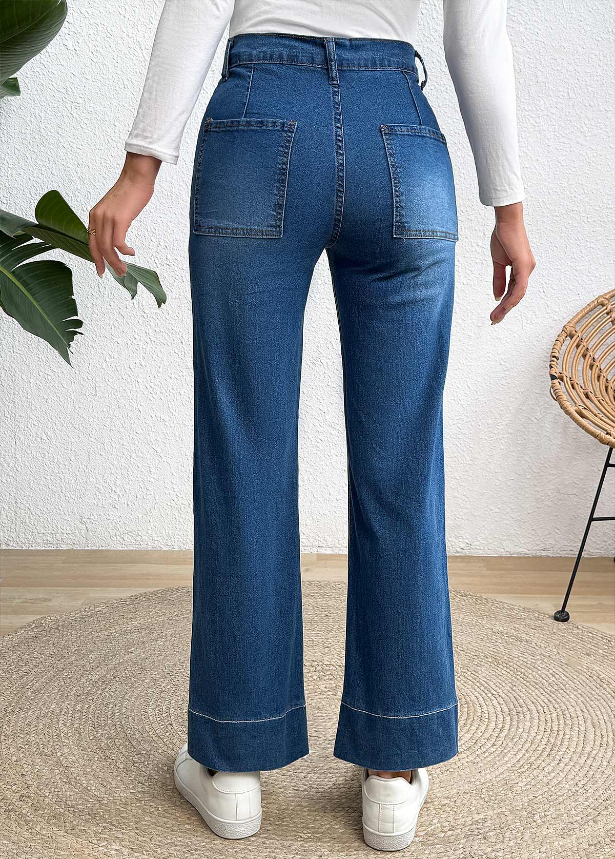 Denim Blue Pocket Wide Leg Button Fly Jeans | picture 