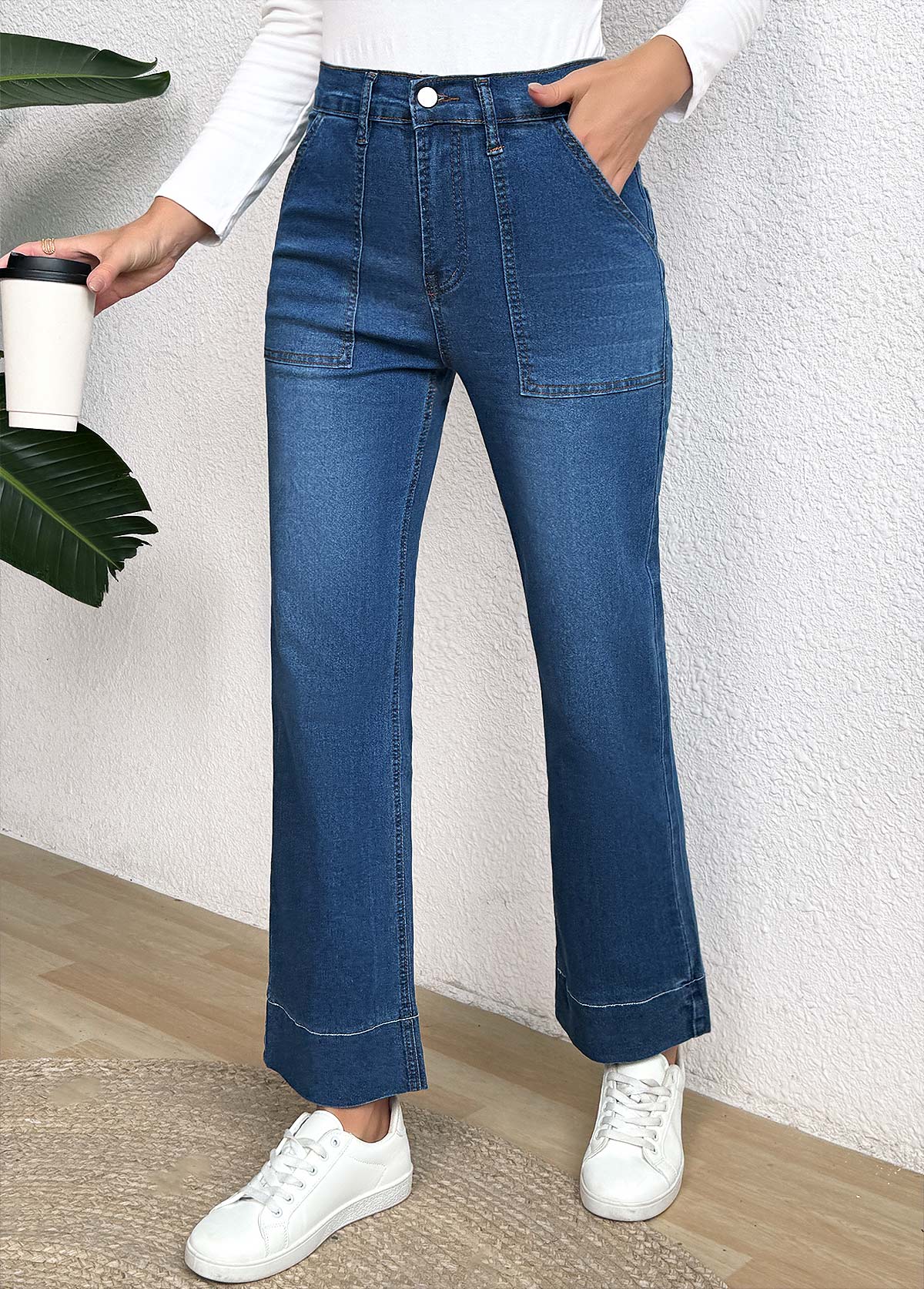 Denim Blue Pocket Wide Leg Button Fly Jeans | picture 