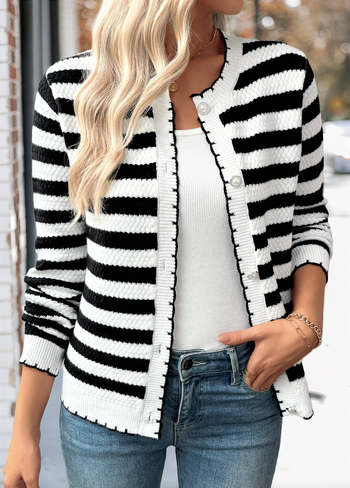 Black Button Striped Long Sleeve Cardigan | picture 