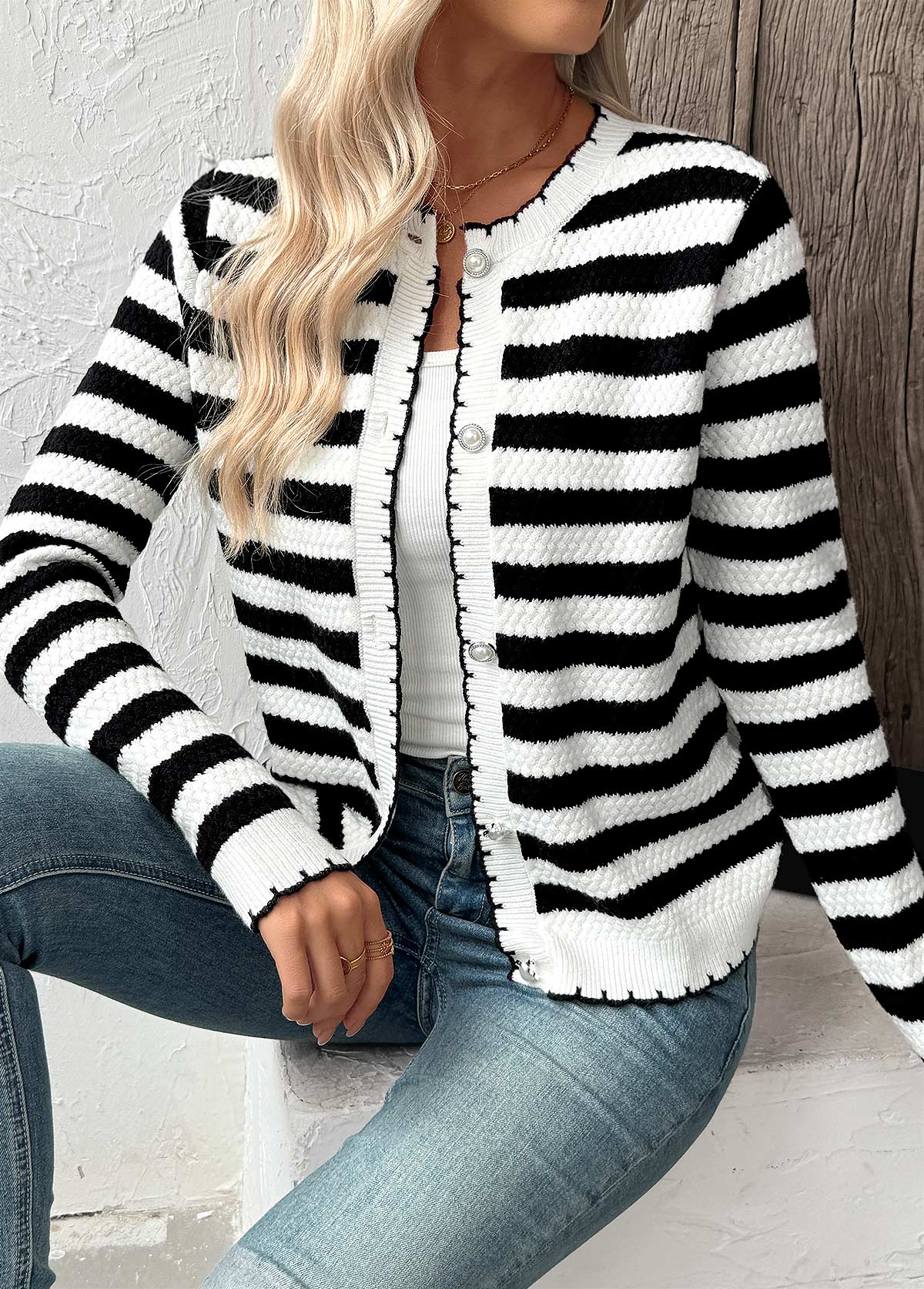 Black Button Striped Long Sleeve Cardigan | picture 