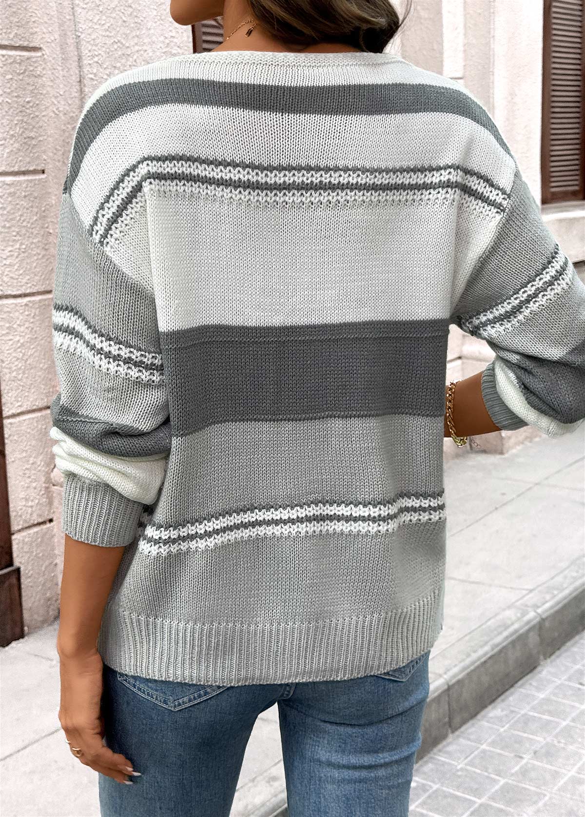 Grey Tummy Coverage Striped Long Sleeve V Neck Sweater | picture 