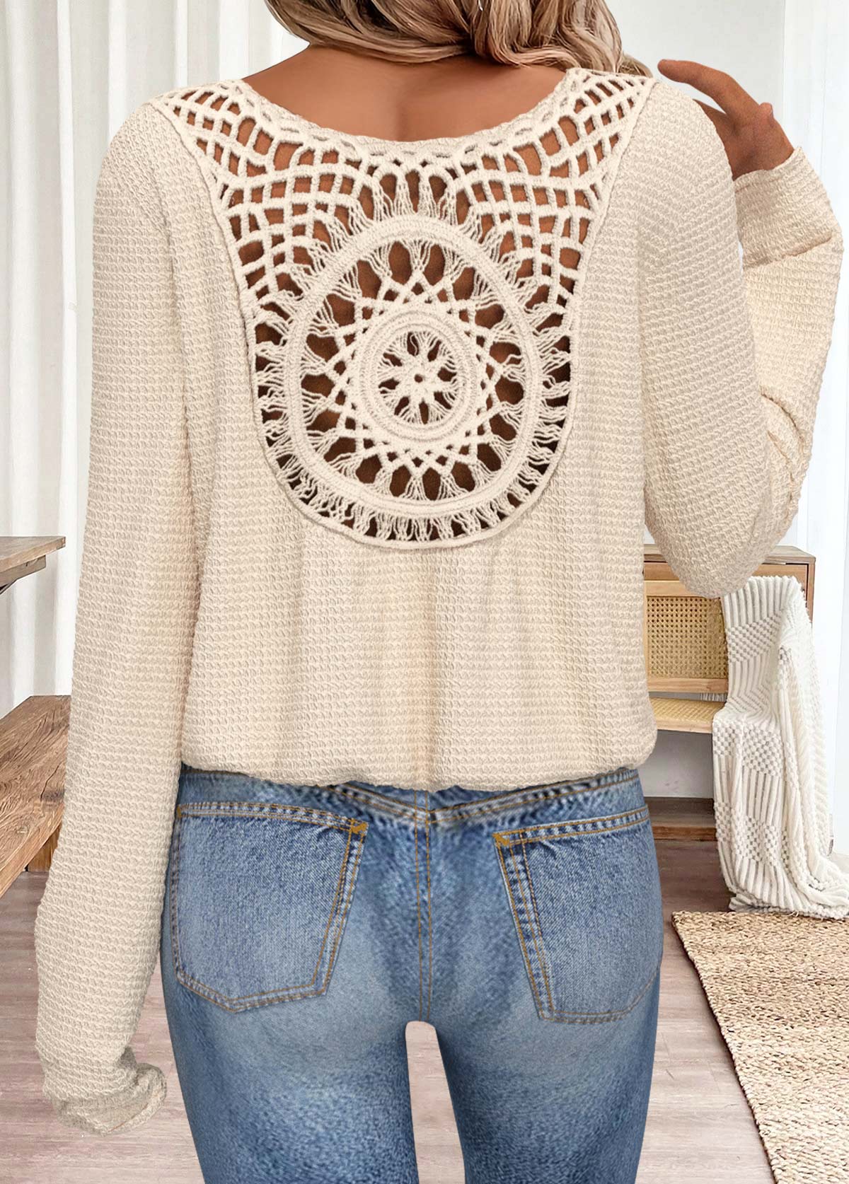 Beige Tummy Coverage Long Sleeve V Neck T Shirt | picture 