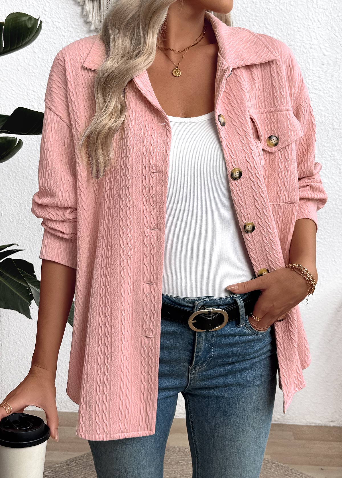 Pink Curved Hem Long Sleeve Turn Down Collar Shirt | picture 
