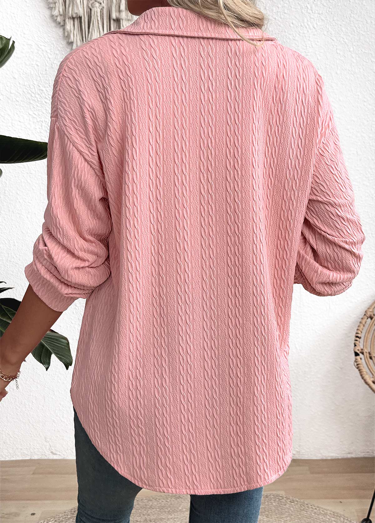 Pink Curved Hem Long Sleeve Turn Down Collar Shirt | picture 