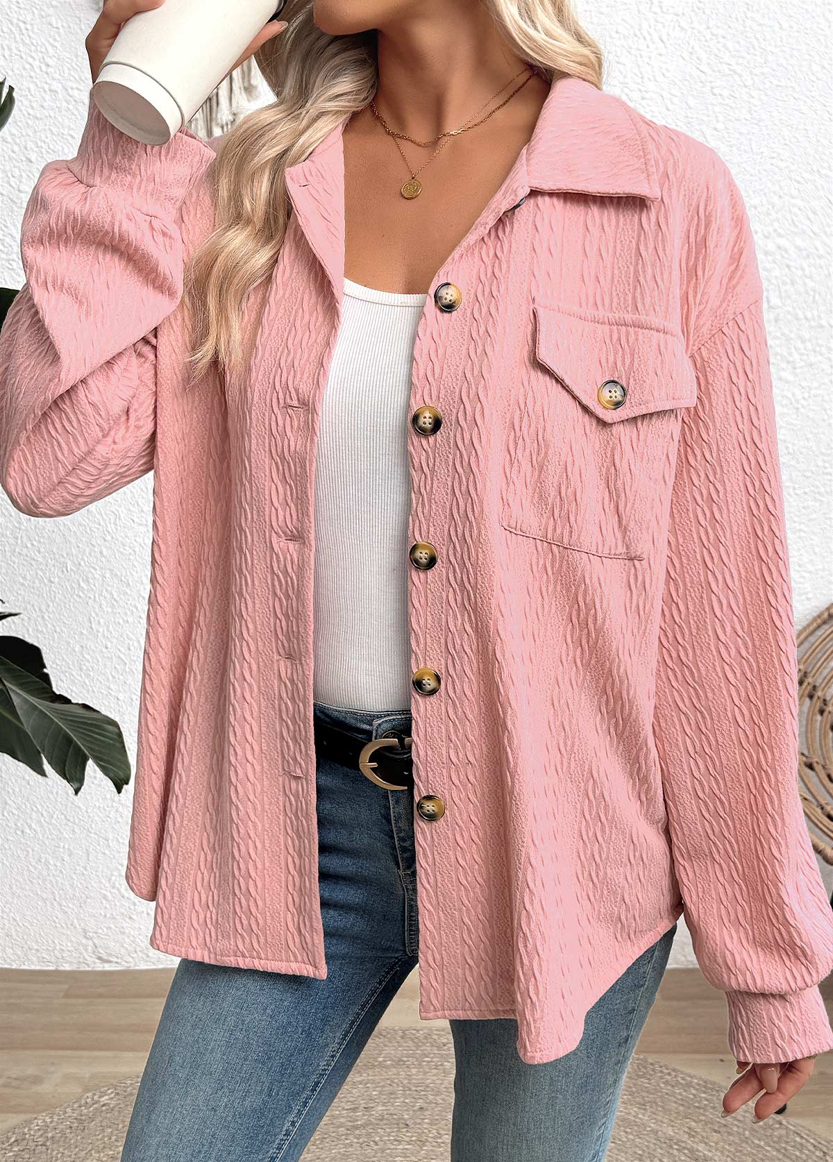 Pink Curved Hem Long Sleeve Turn Down Collar Shirt | picture 
