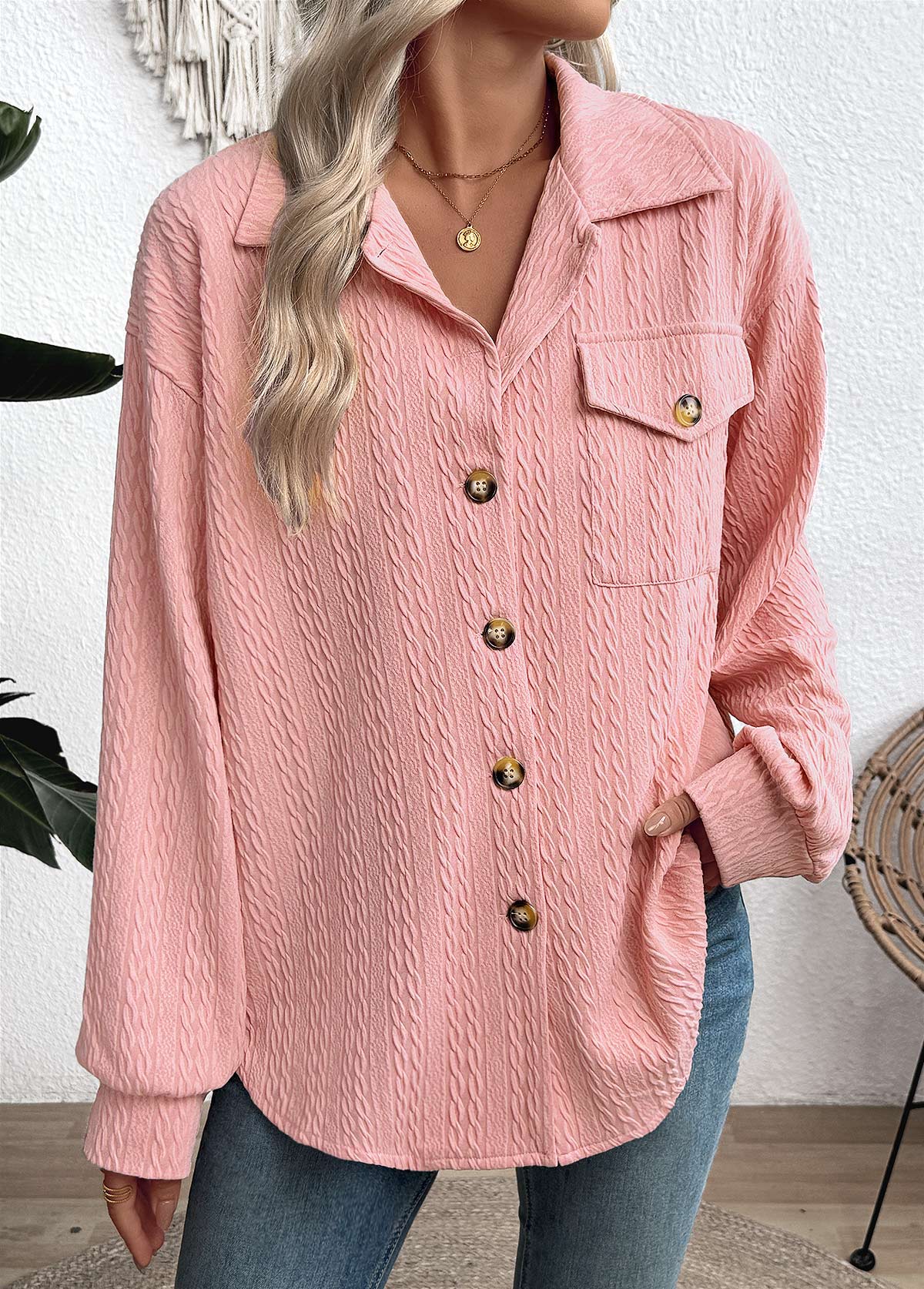 Pink Curved Hem Long Sleeve Turn Down Collar Shirt | picture 