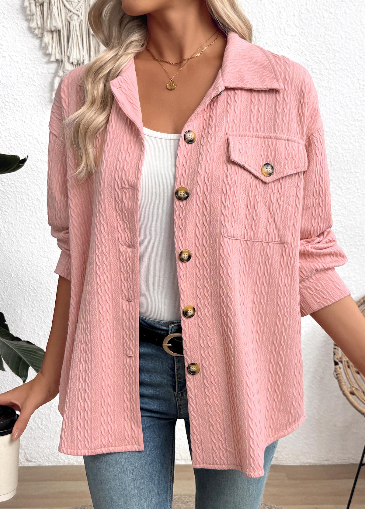 Pink Curved Hem Long Sleeve Turn Down Collar Shirt | picture 