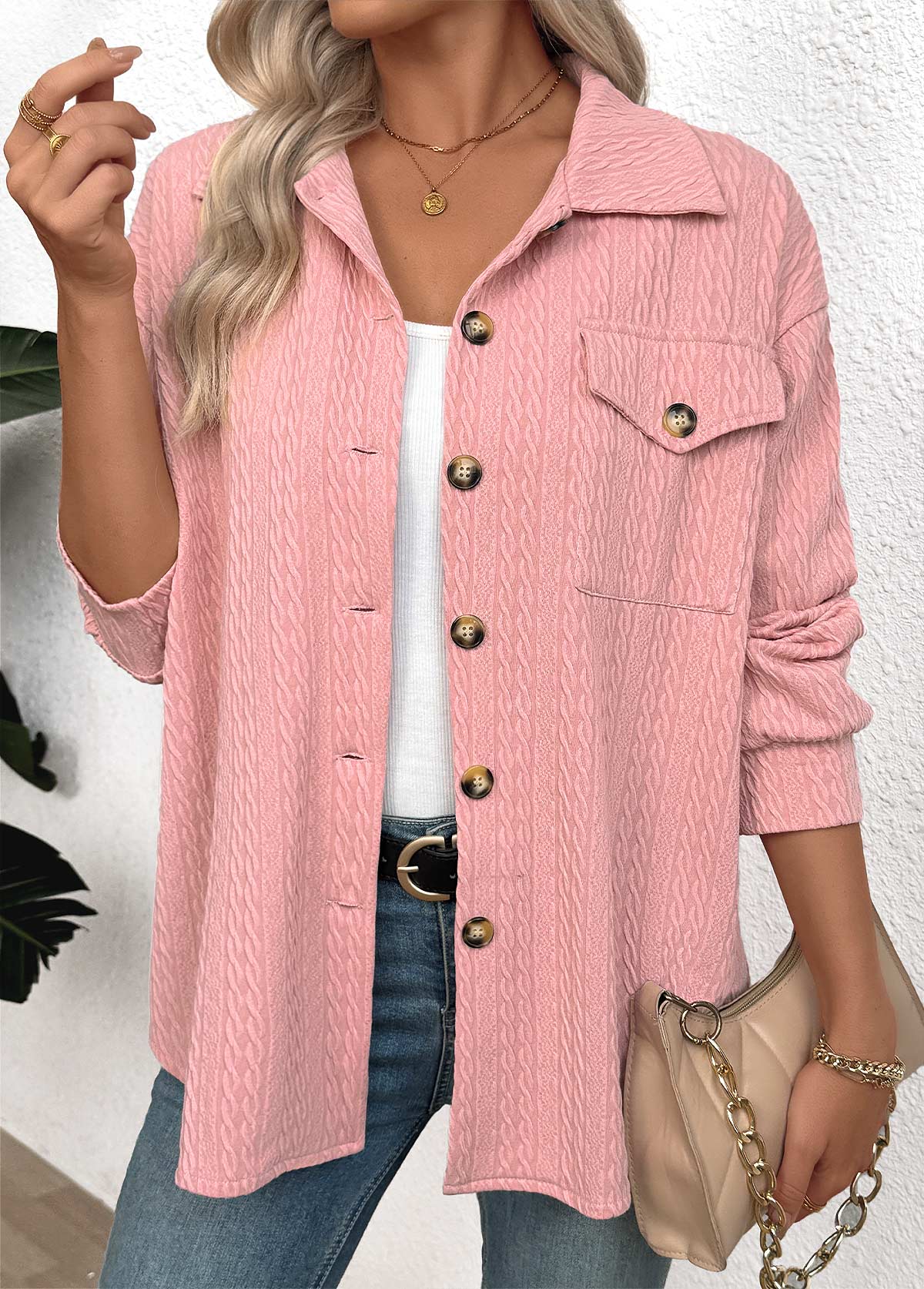 Pink Curved Hem Long Sleeve Turn Down Collar Shirt | picture 