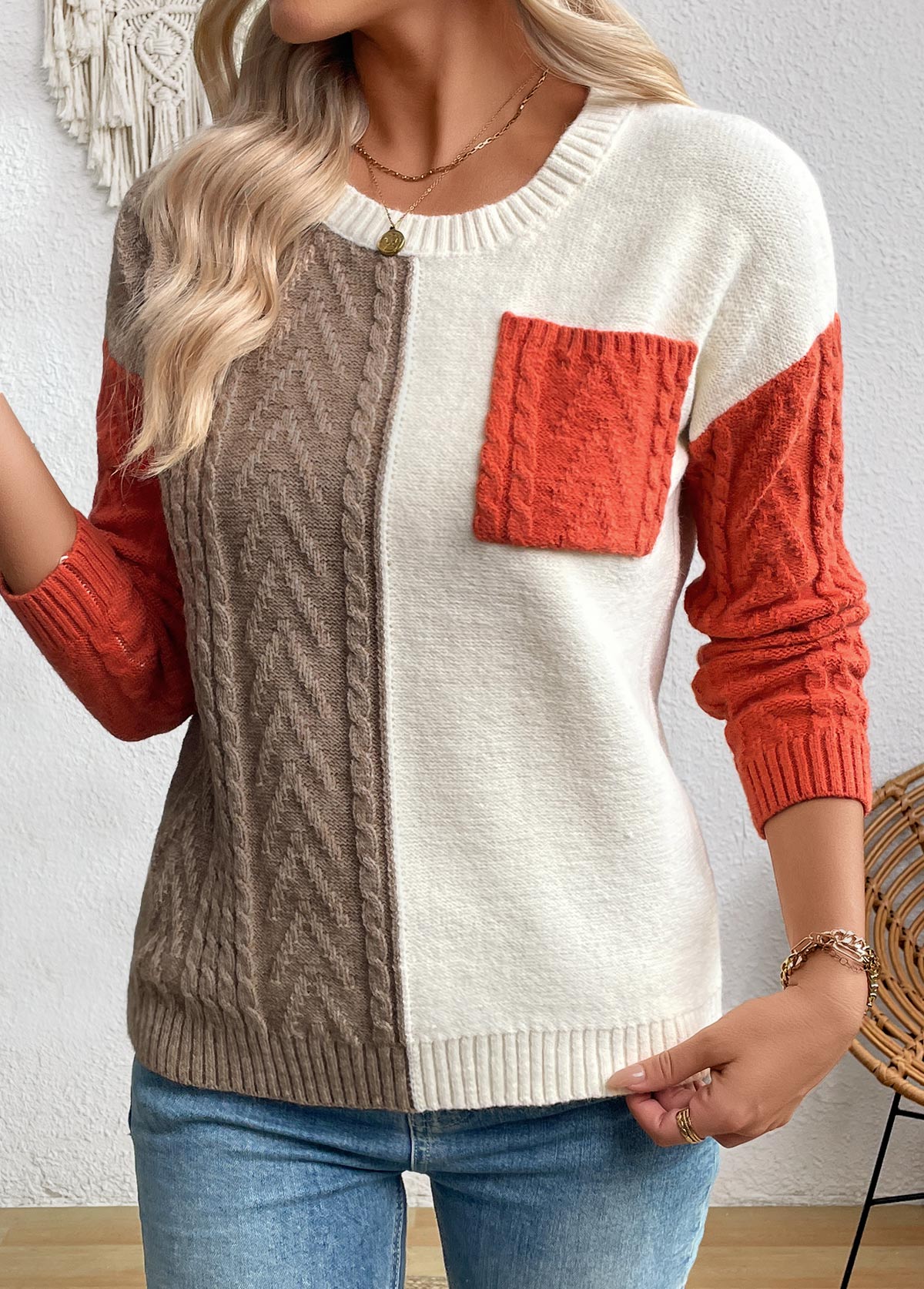 Multi Color Patchwork Long Sleeve Round Neck Sweater | picture 