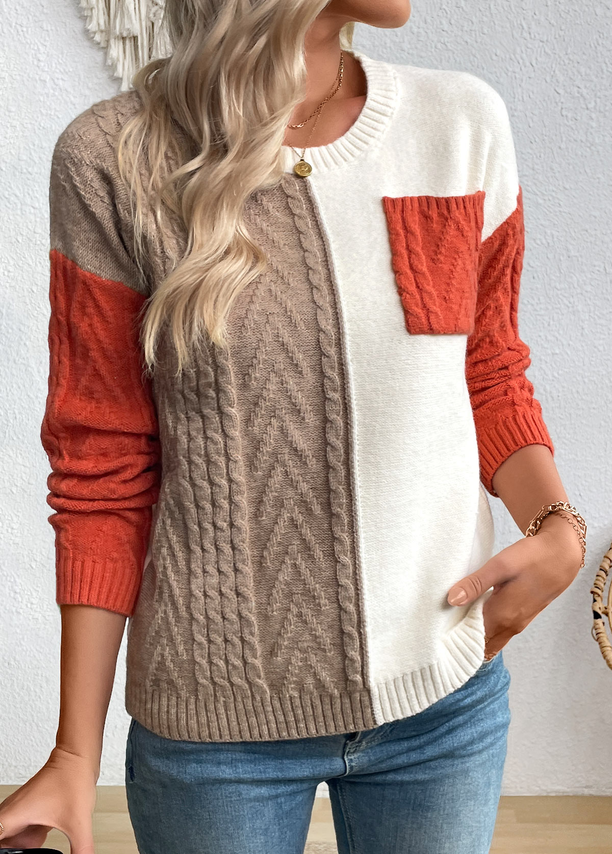 Multi Color Patchwork Long Sleeve Round Neck Sweater | picture 