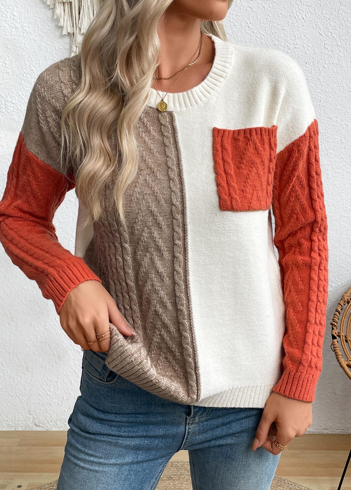 Multi Color Patchwork Long Sleeve Round Neck Sweater | picture 