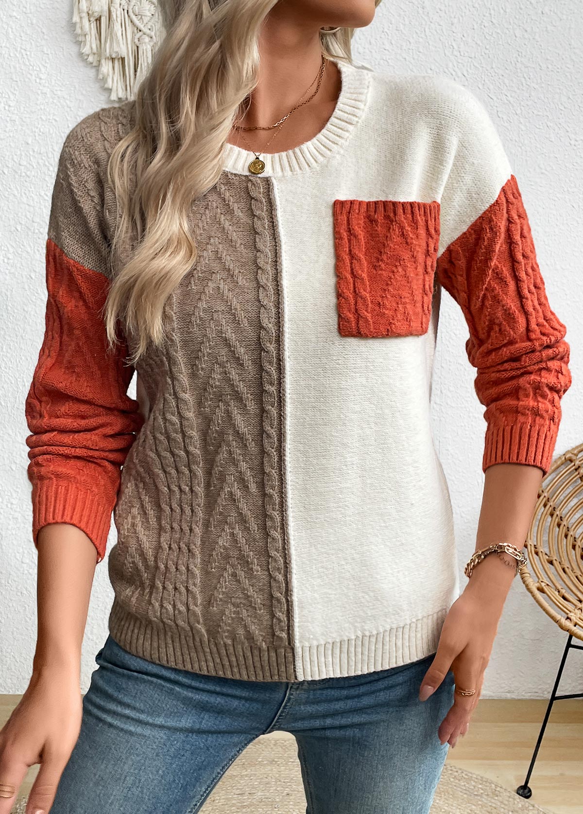 Multi Color Patchwork Long Sleeve Round Neck Sweater | picture 