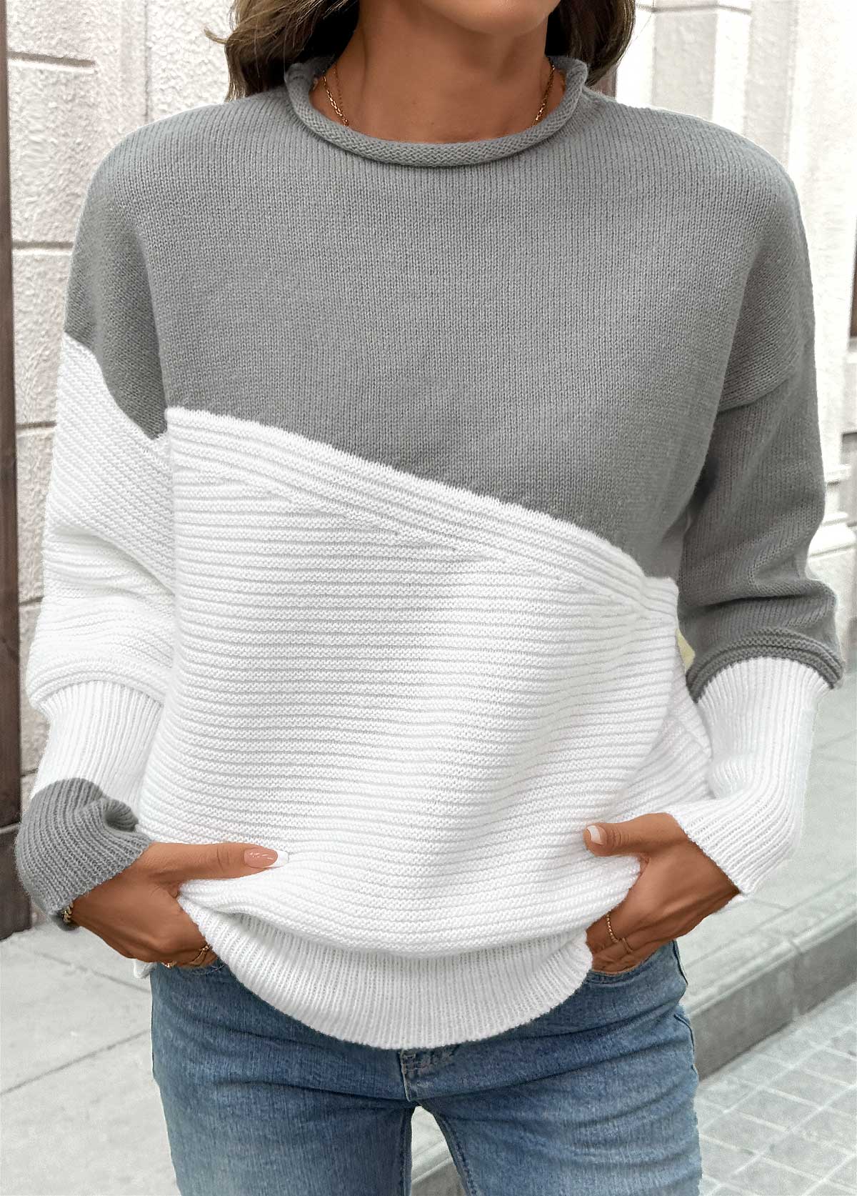Grey Long Sleeve Round Neck Sweater | picture 