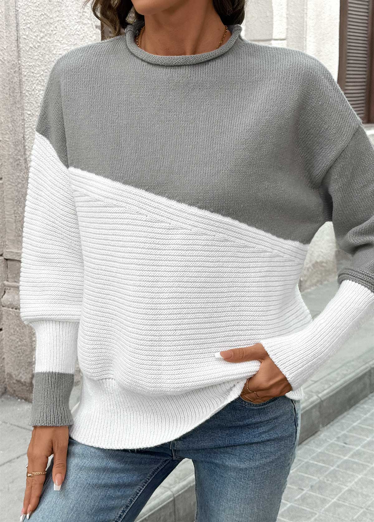 Grey Long Sleeve Round Neck Sweater | picture 