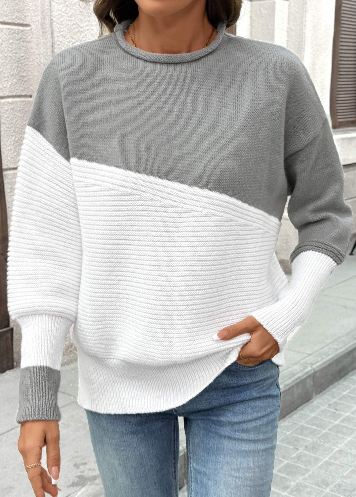 Grey Long Sleeve Round Neck Sweater | picture 