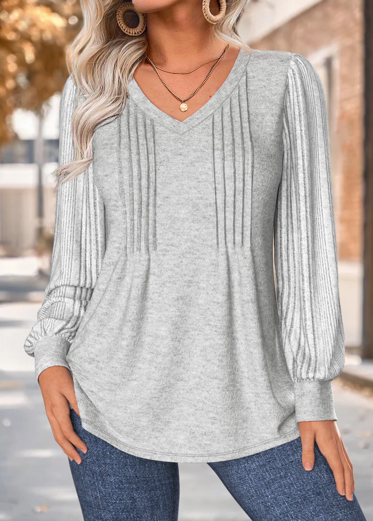 Light Grey Marl Tuck Stitch Long Sleeve T Shirt | picture 
