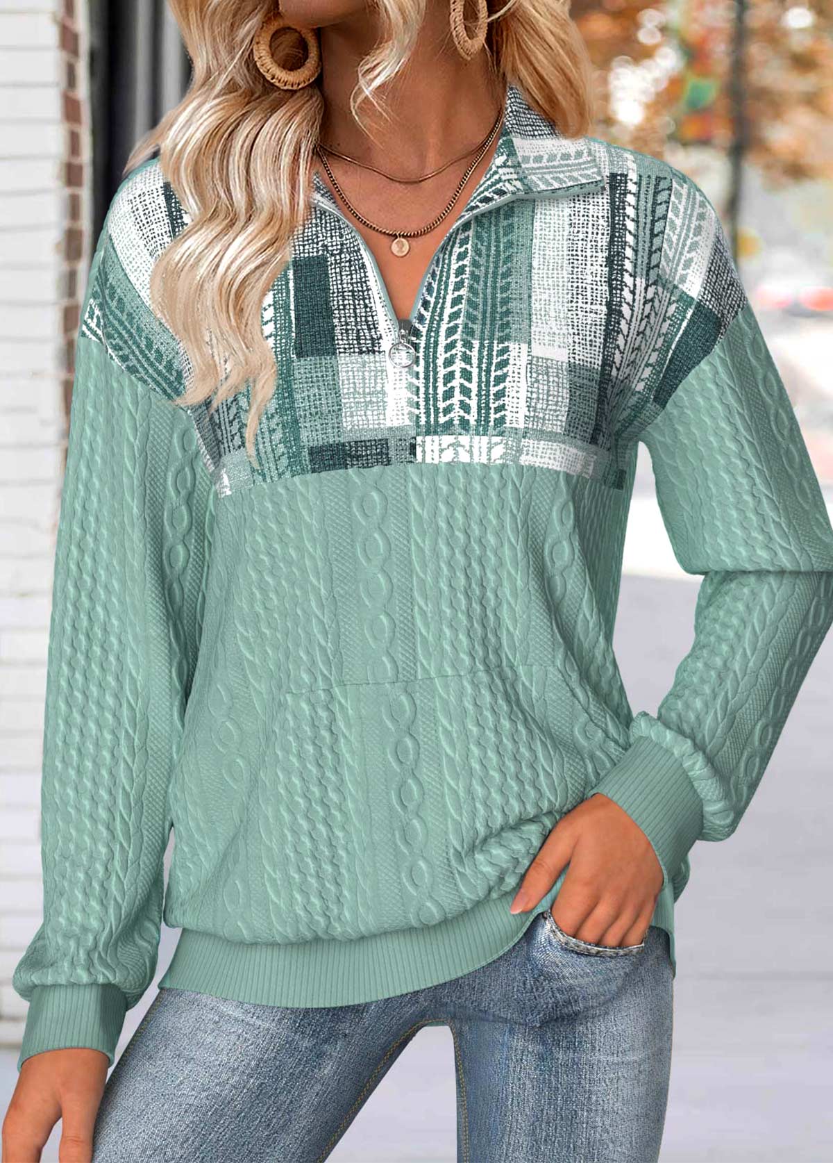 Sage Green Tummy Coverage Geometric Print Long Sleeve Sweatshirt | picture 