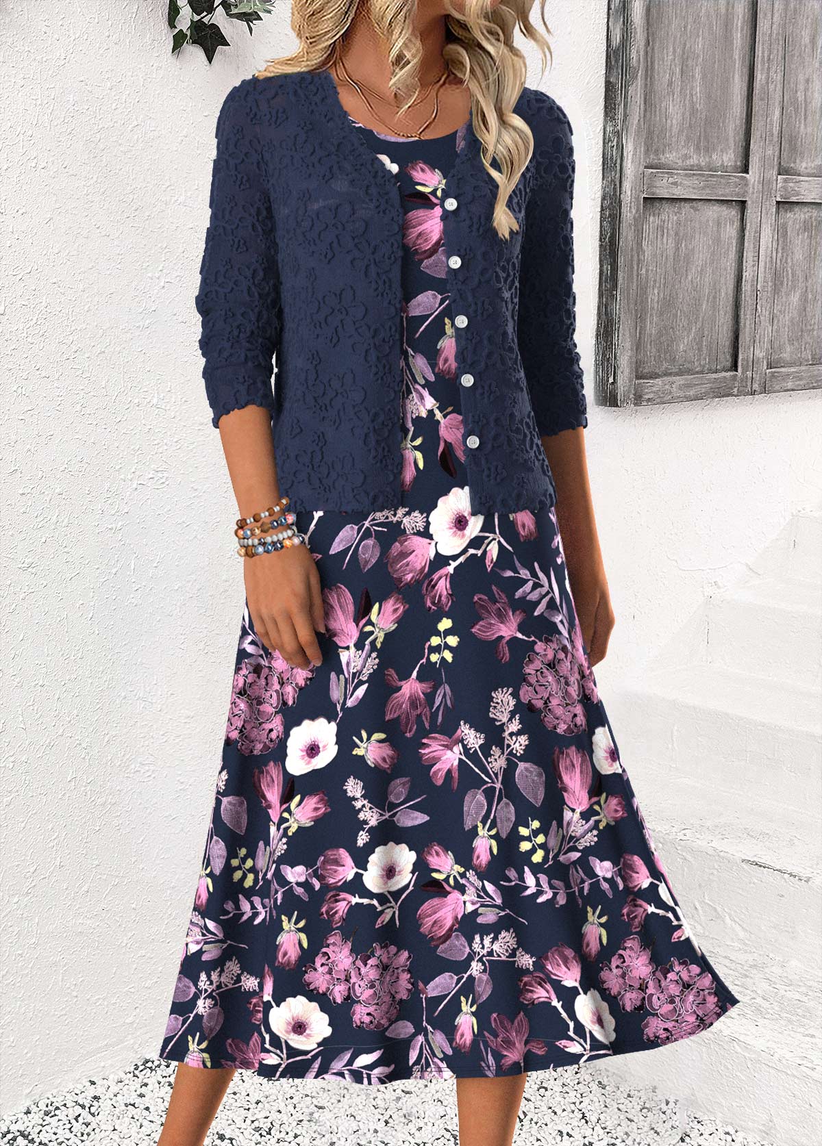 Navy Tummy Coverage Floral Print Dress and Cardigan | picture 