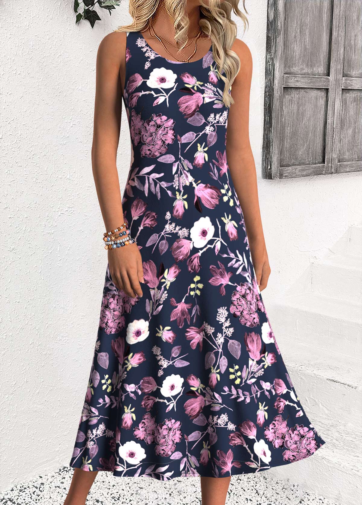 Navy Tummy Coverage Floral Print Dress and Cardigan | picture 