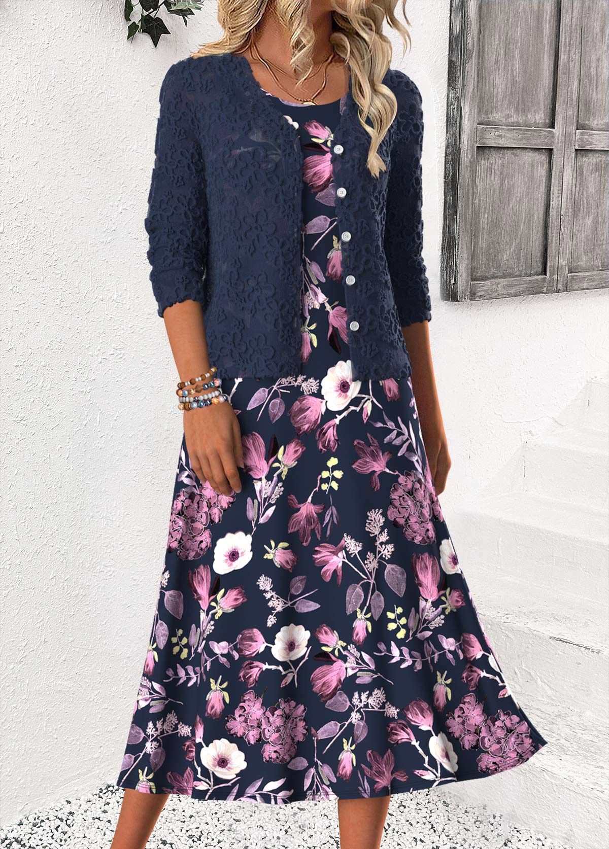 Navy Tummy Coverage Floral Print Dress and Cardigan | picture 