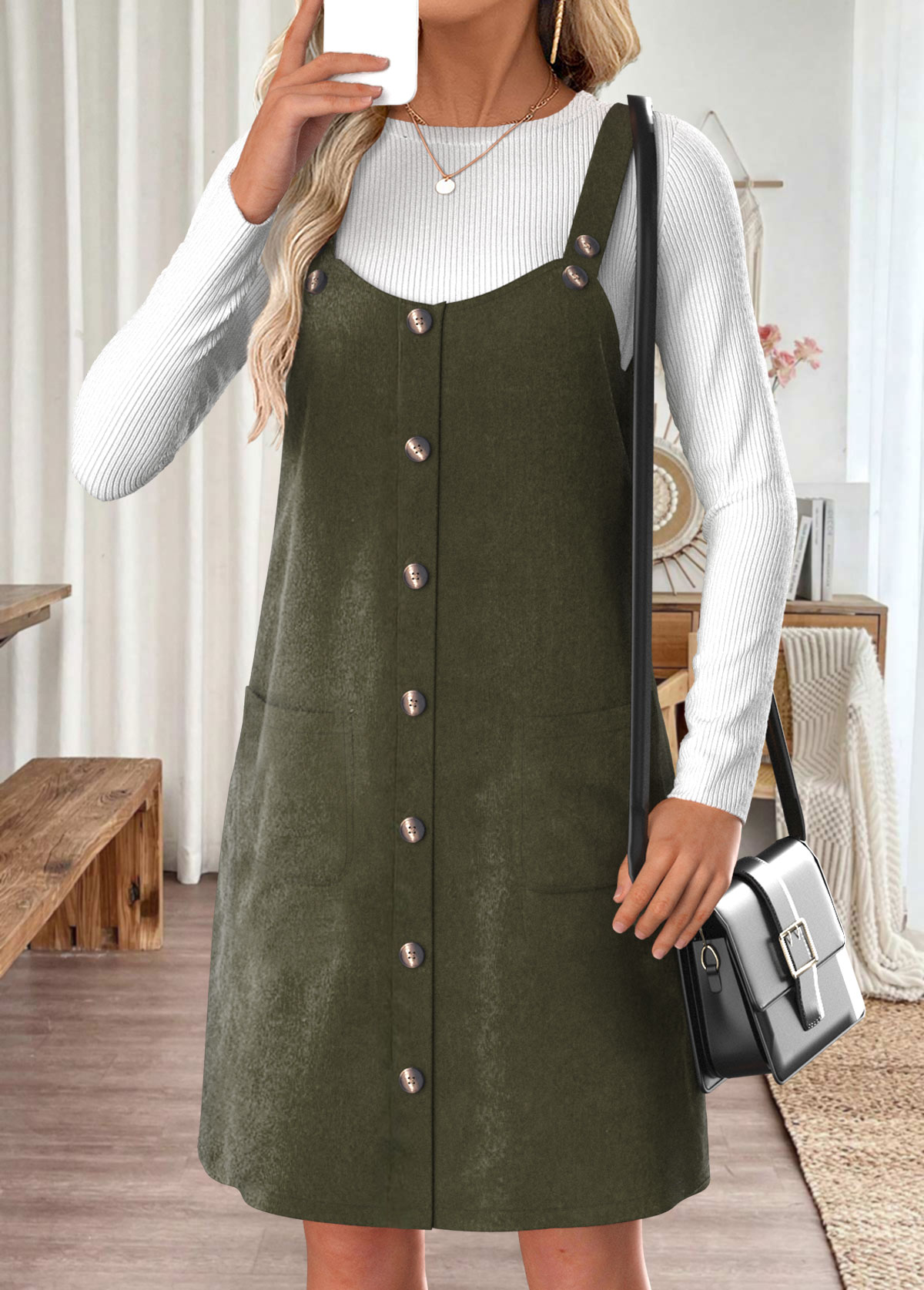 Olive Green H-Shape Strappy Dress  Tummy Control Short Casual Knit Dress