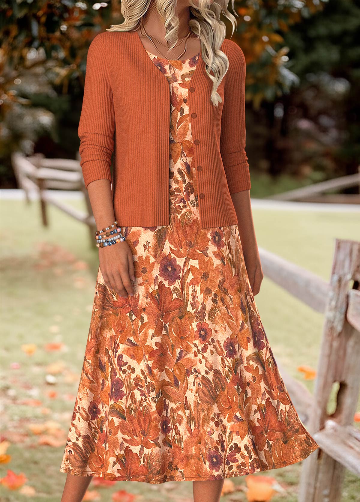 Orange Tummy Coverage Random Floral Print Dress and Cardigan | picture 