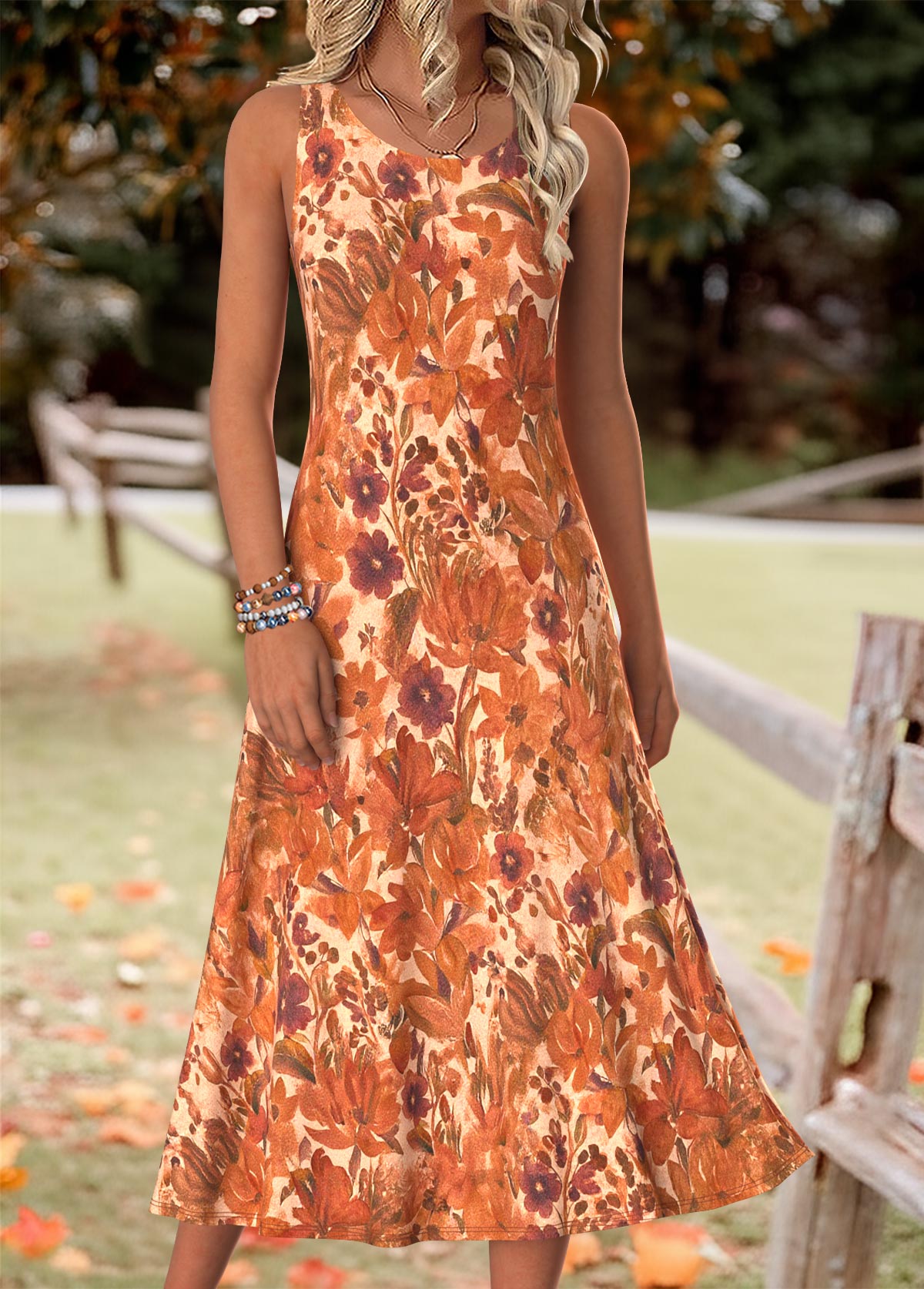 Orange Tummy Coverage Random Floral Print Dress and Cardigan | picture 
