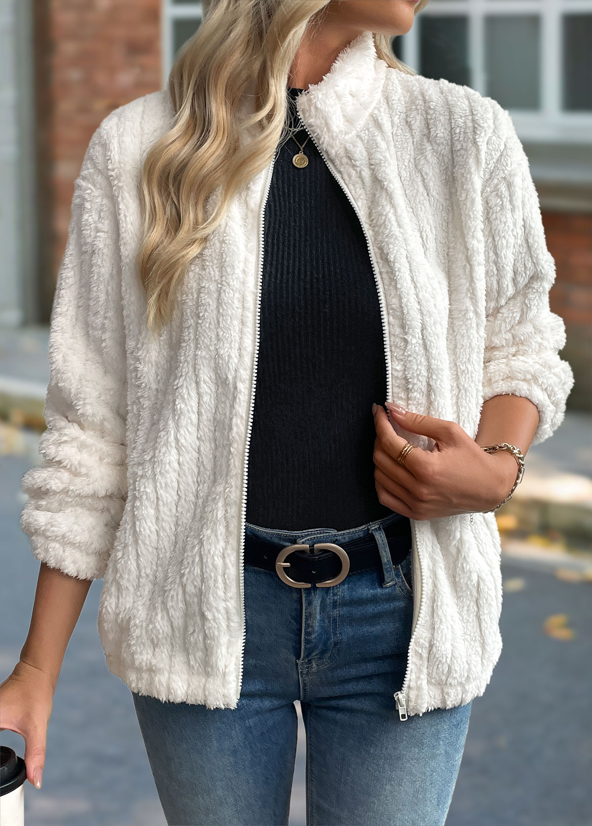 Beige Tummy Coverage Long Sleeve Stand Collar Coat | picture 