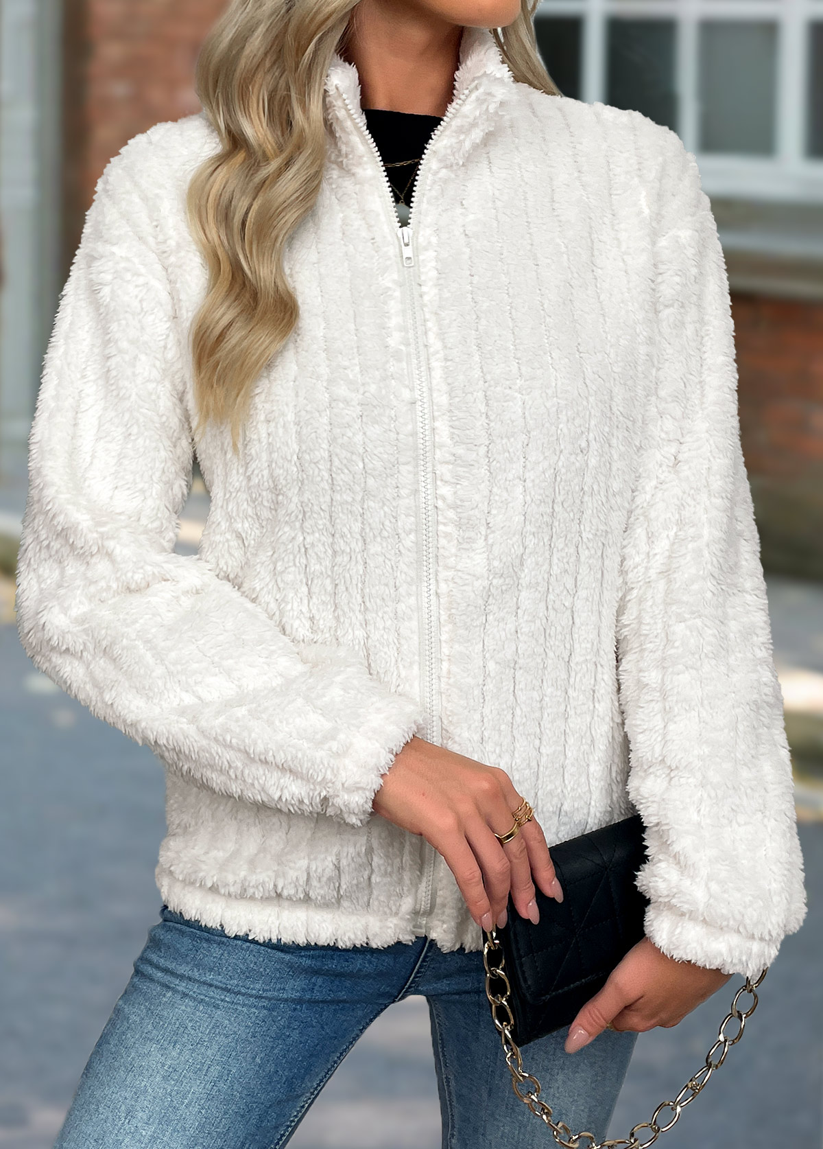 Beige Tummy Coverage Long Sleeve Stand Collar Coat | picture 