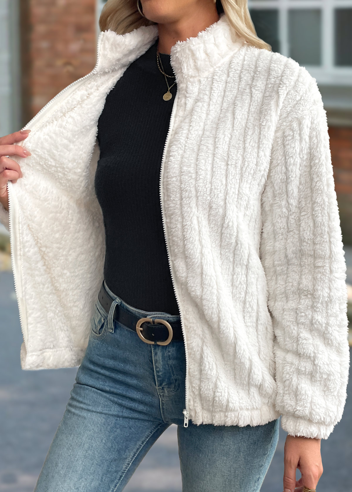 Beige Tummy Coverage Long Sleeve Stand Collar Coat | picture 