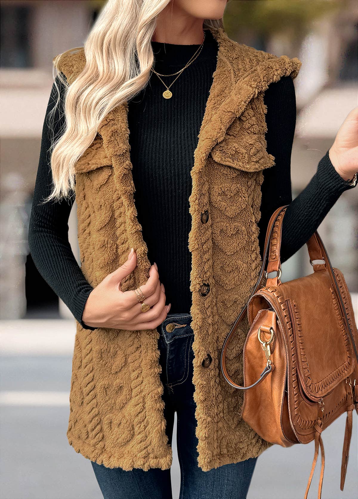 Dark Camel Button Sleeveless Hooded Waistcoat | picture 