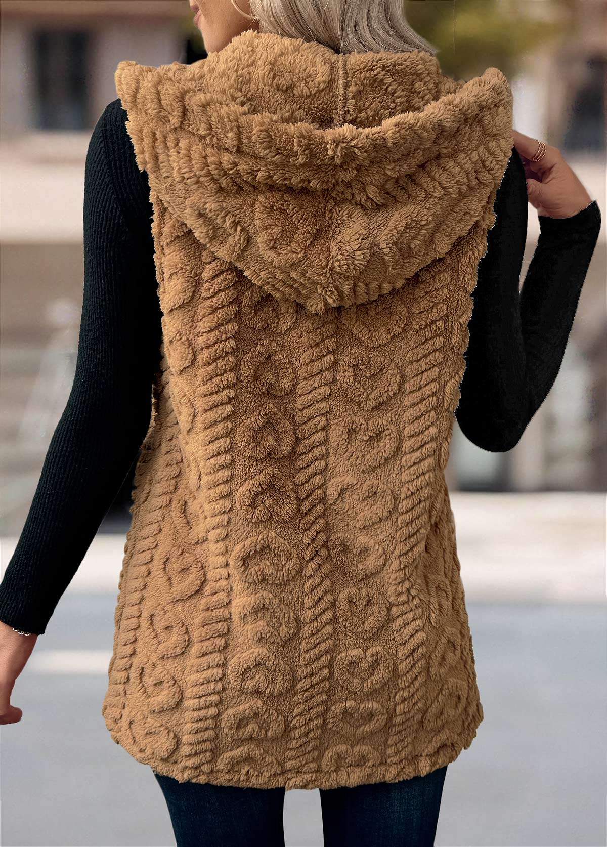 Dark Camel Button Sleeveless Hooded Waistcoat | picture 