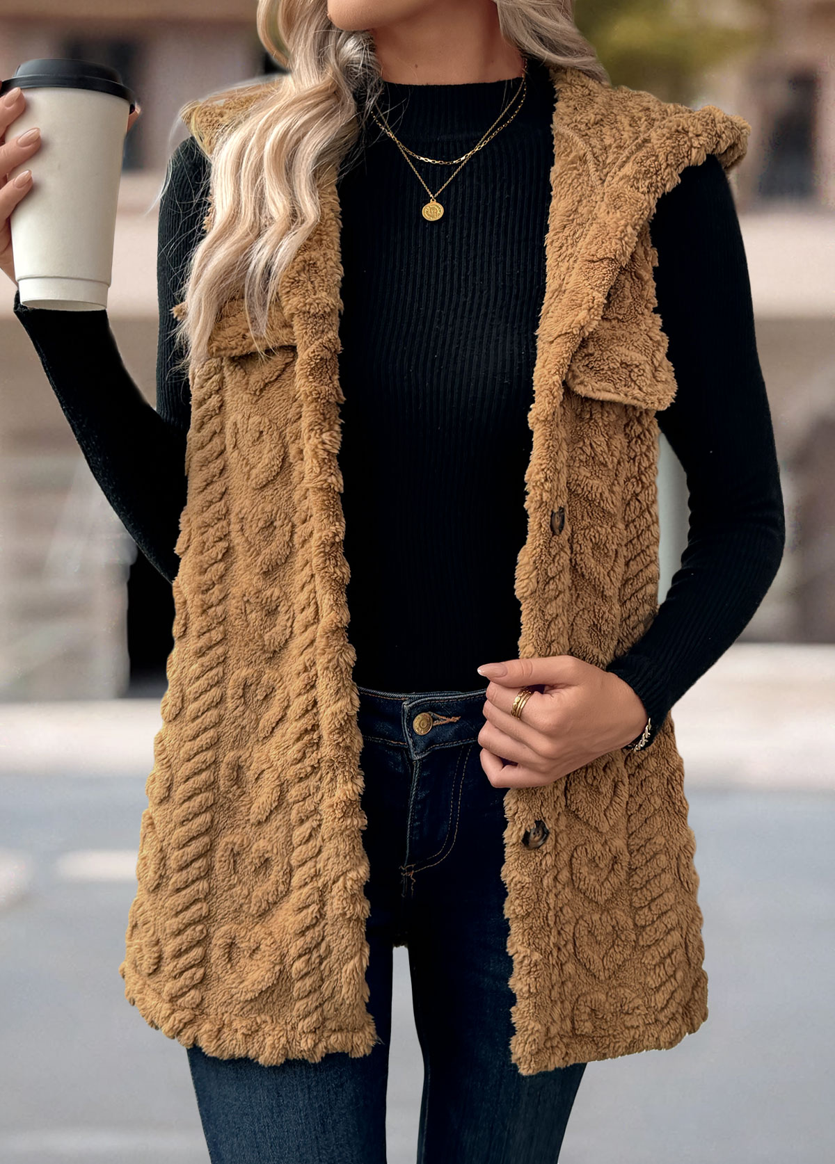 Dark Camel Button Sleeveless Hooded Waistcoat | picture 