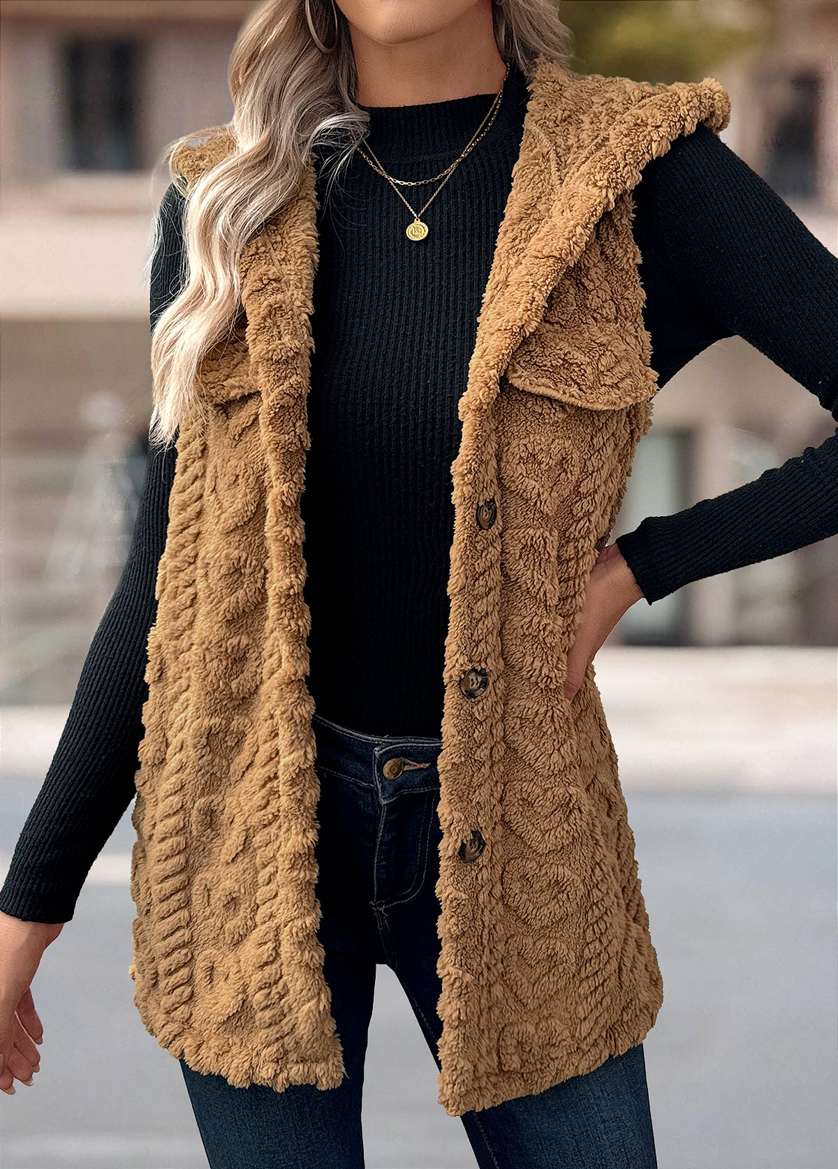 Dark Camel Button Sleeveless Hooded Waistcoat | picture 