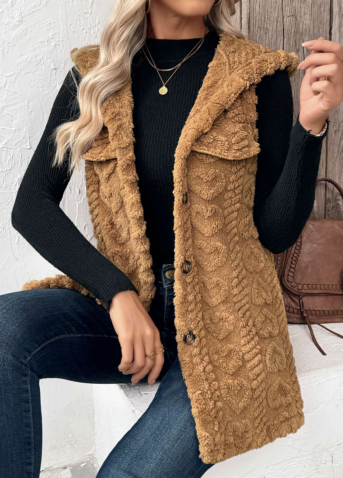 Dark Camel Button Sleeveless Hooded Waistcoat | picture 