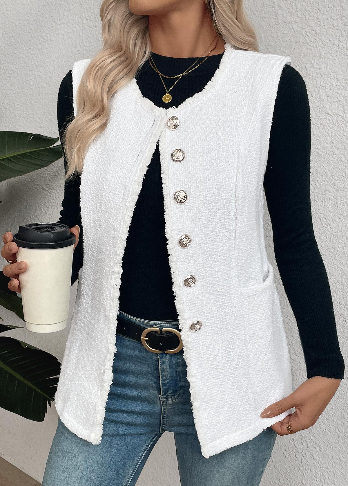 White Tummy Coverage Sleeveless Round Neck Waistcoat | picture 